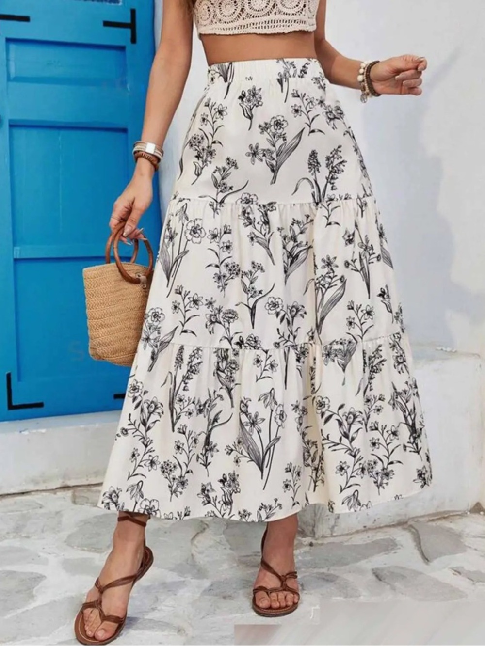 White Floral Tiered Maxi Skirt - Elegant Summer Style - Picture 2 of 4